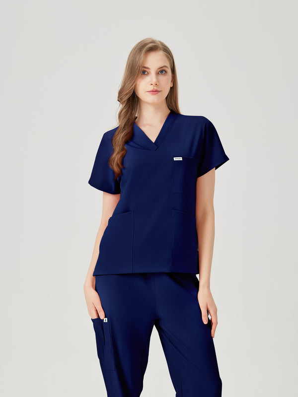 Bata quirúrgica azul marino para mujer, vista frontal