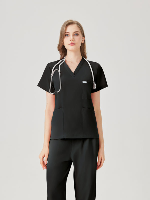 Bata quirúrgica negra JelriSoFit® para mujer, vista frontal