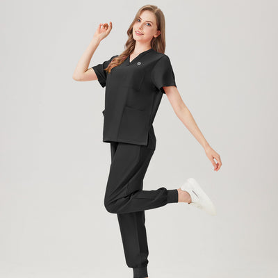 Bata quirúrgica negra JelriSoFit® para mujer, vista lateral