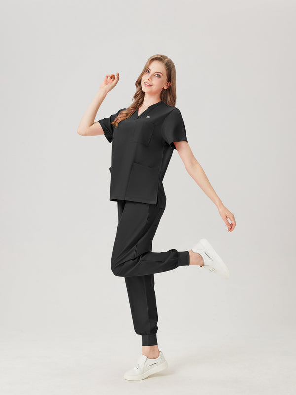 Bata quirúrgica negra JelriSoFit® para mujer, vista lateral