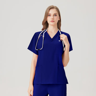 Uniforme médico de mujer azul real, efecto de exhibición de la parte superior del cuerpo.