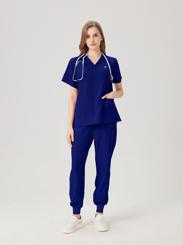 Uniforme médico femenino azul real, modelo con efecto de exhibición