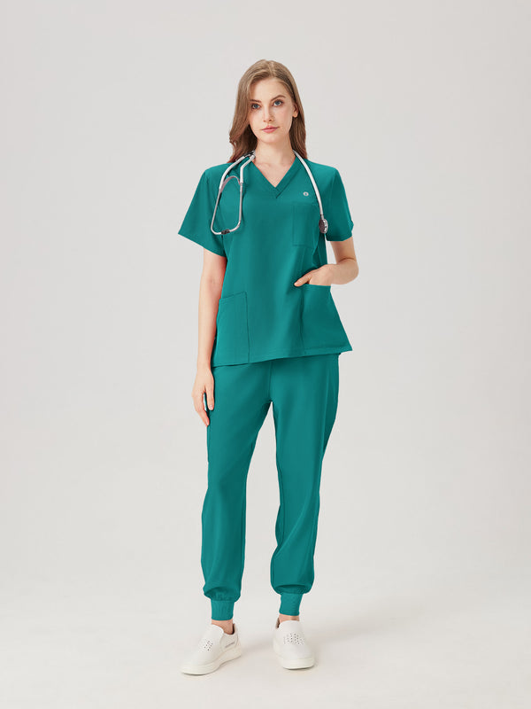 Uniforme de trabajo verde esmeralda para mujer, exhibición de modelo de cuerpo entero