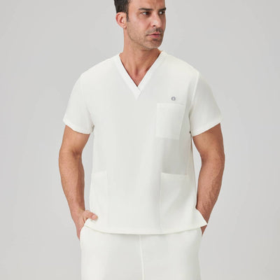 Bata quirúrgica para hombre JelriSoFit® - Crema, modelo mostrado vista frontal