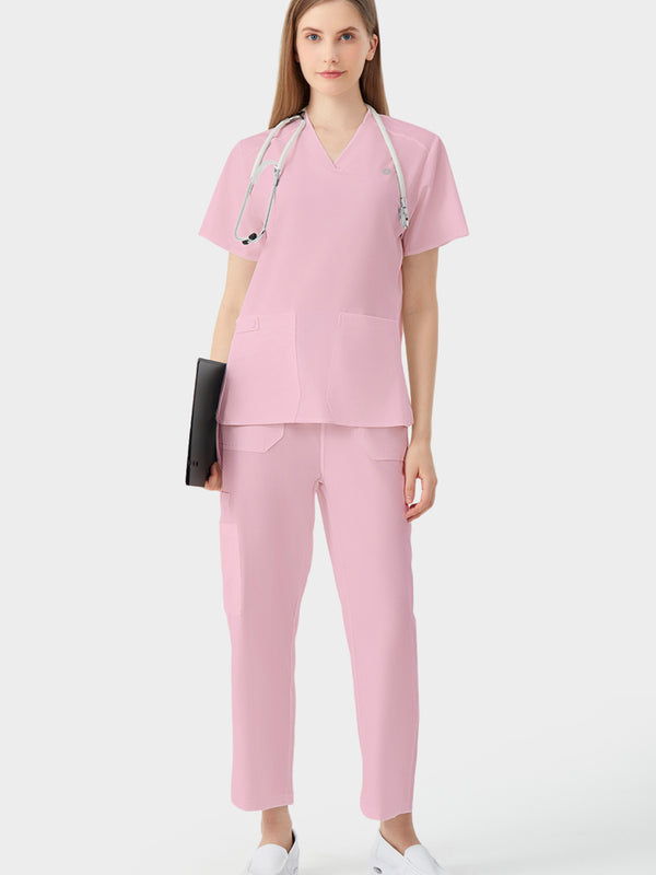 Imagen de exhibición del efecto de la parte superior del cuerpo de la bata quirúrgica femenina rosa