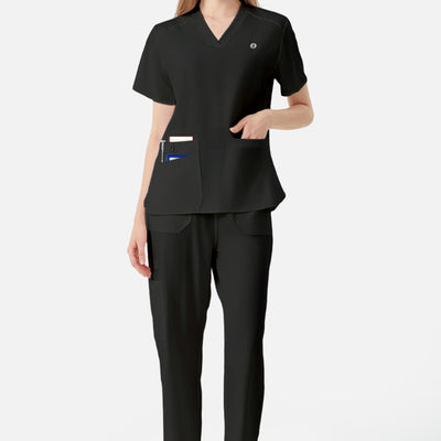 Uniforme médico negro de mujer, exhibición de efectos simples