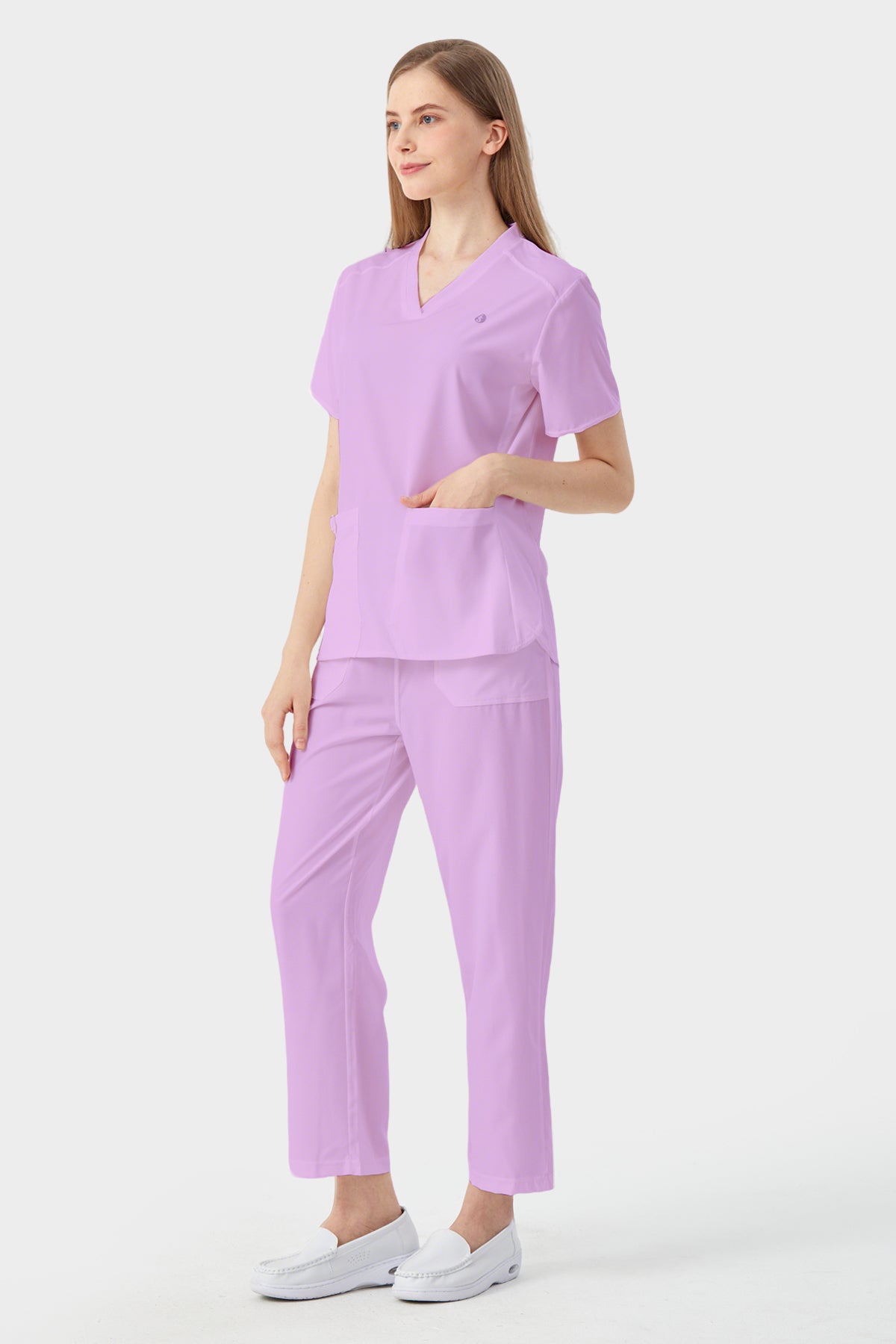 Bata quirúrgica de mujer morada, vista lateral