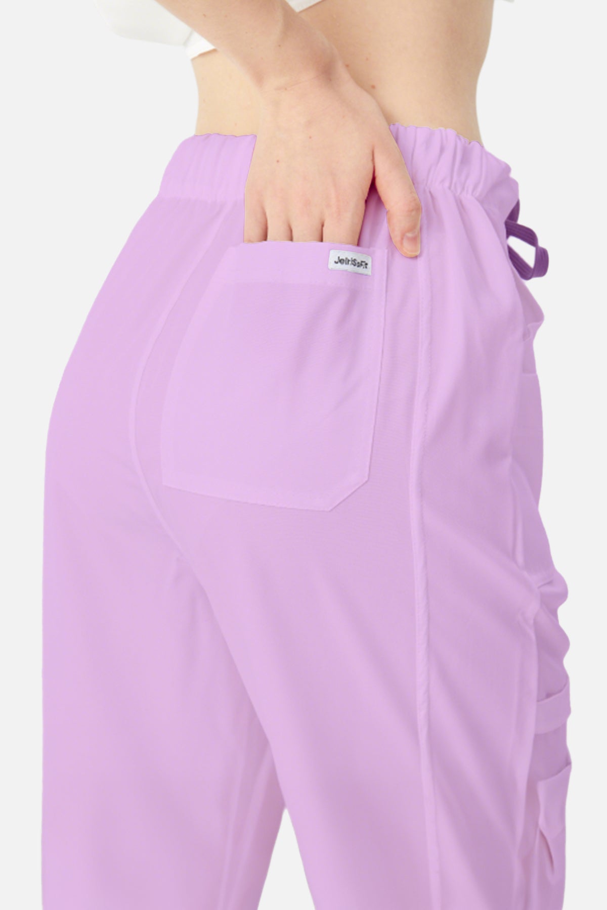 Bata quirúrgica morada de mujer, vista posterior del pantalón