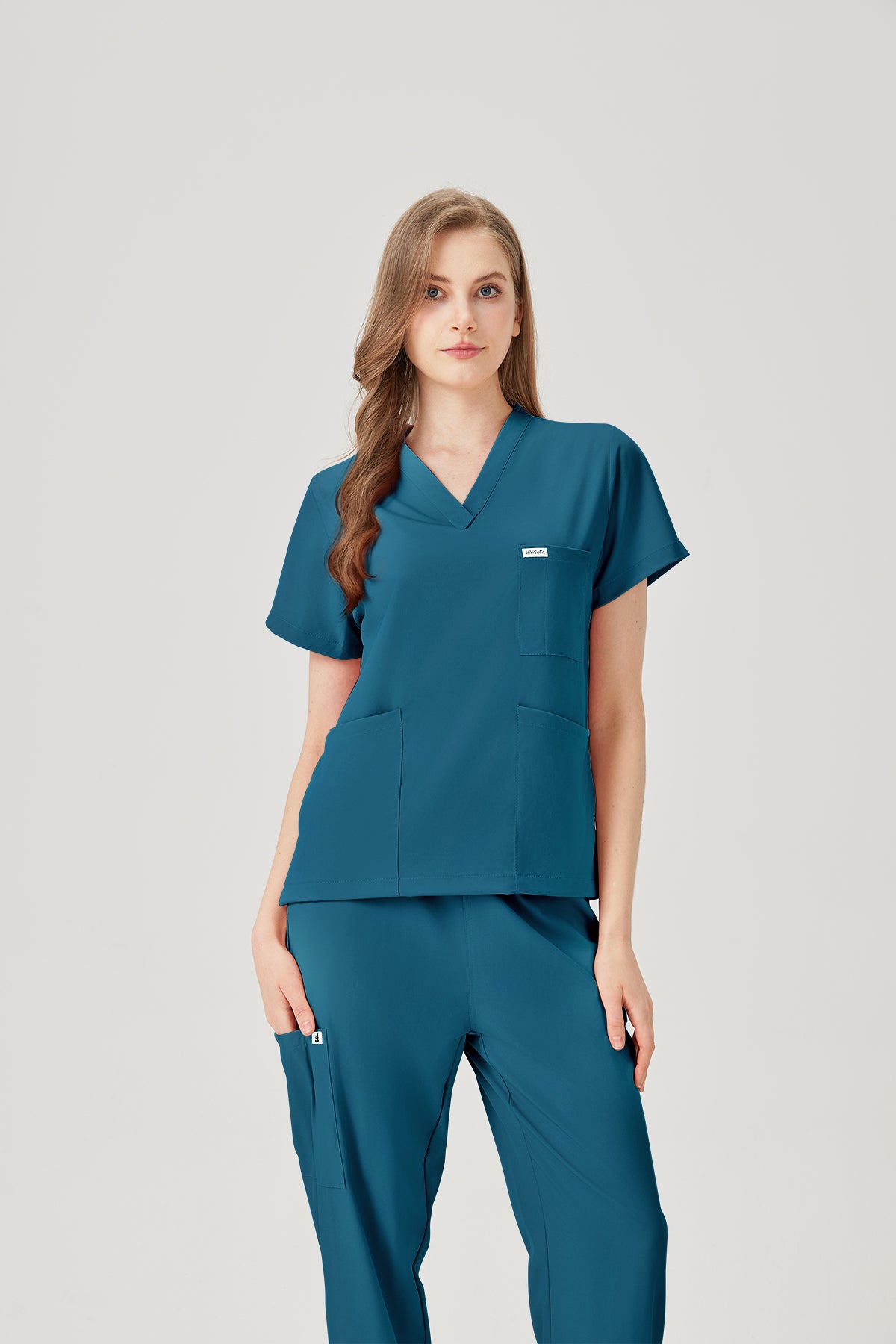 Bata quirúrgica JelriSoFit® azul cielo para mujer, vista frontal