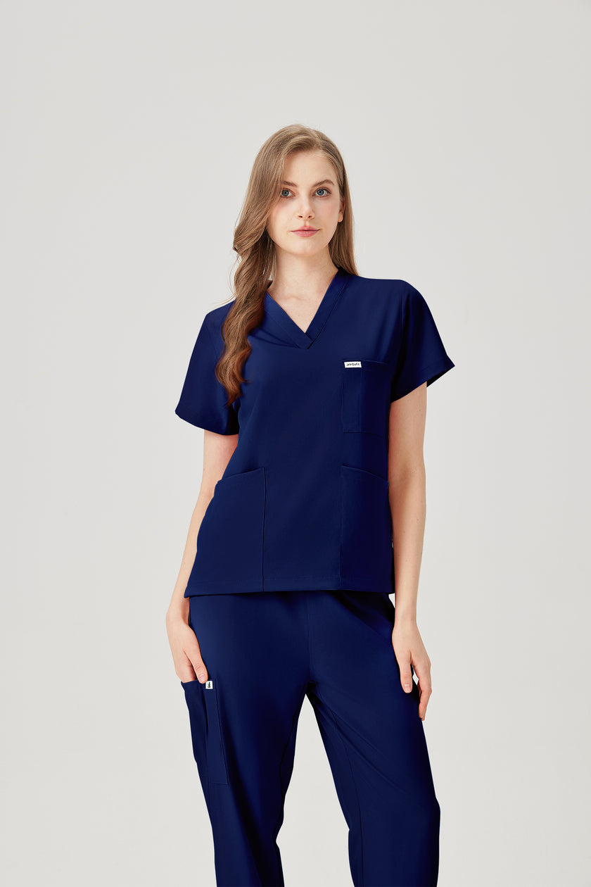 Bata quirúrgica azul marino para mujer, vista frontal