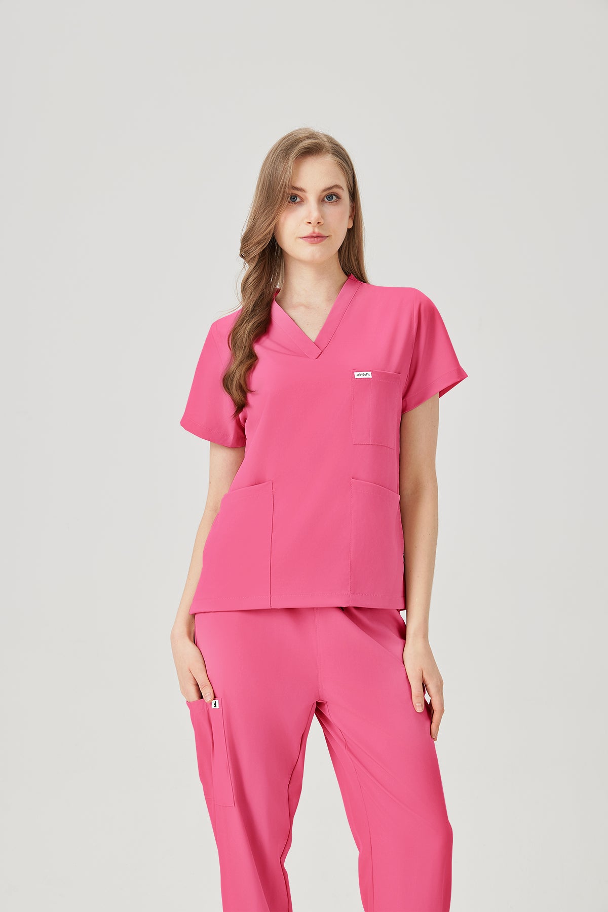 Bata quirúrgica fucsia para mujer JelriSoFit®, vista frontal