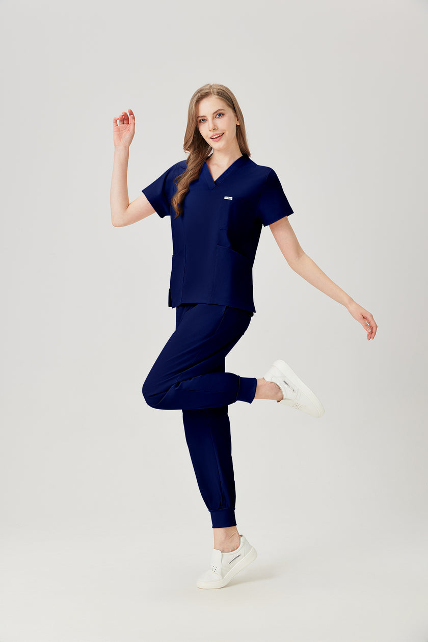 Bata quirúrgica azul marino para mujer, vista lateral