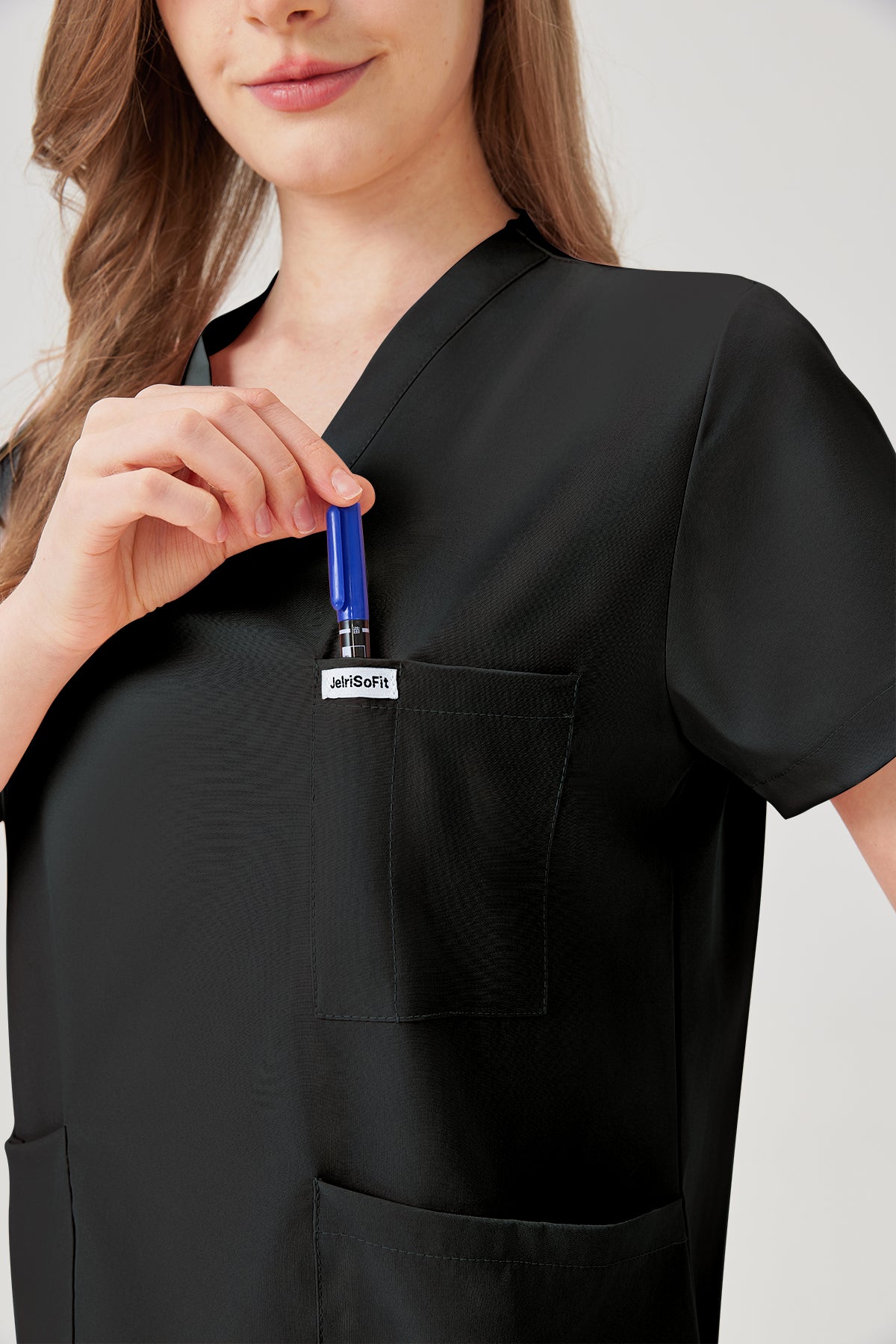 Bata quirúrgica negra con bolsillo grande para mujer JelriSoFit®