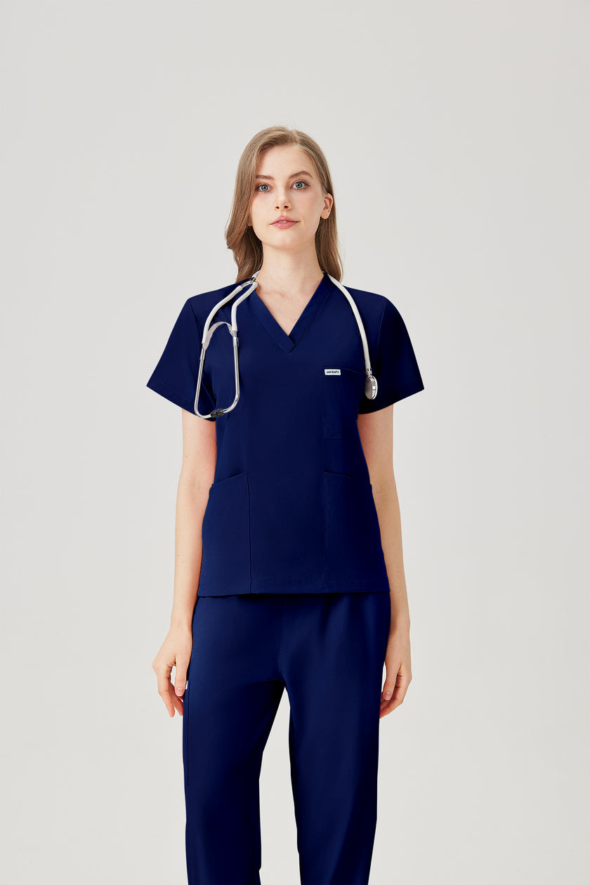 Bata quirúrgica azul marino para mujer, vista frontal