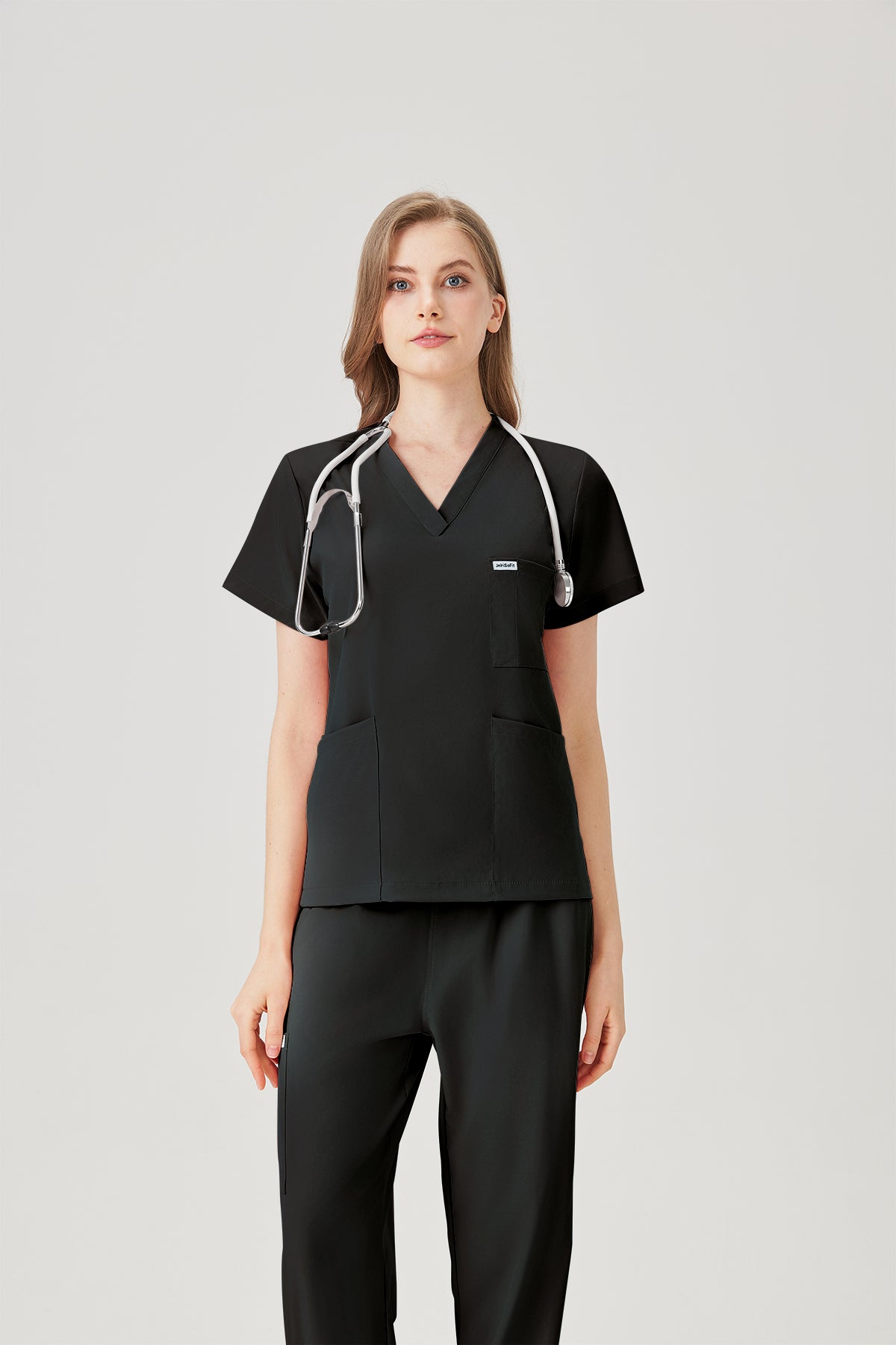 Bata quirúrgica negra JelriSoFit® para mujer, vista frontal