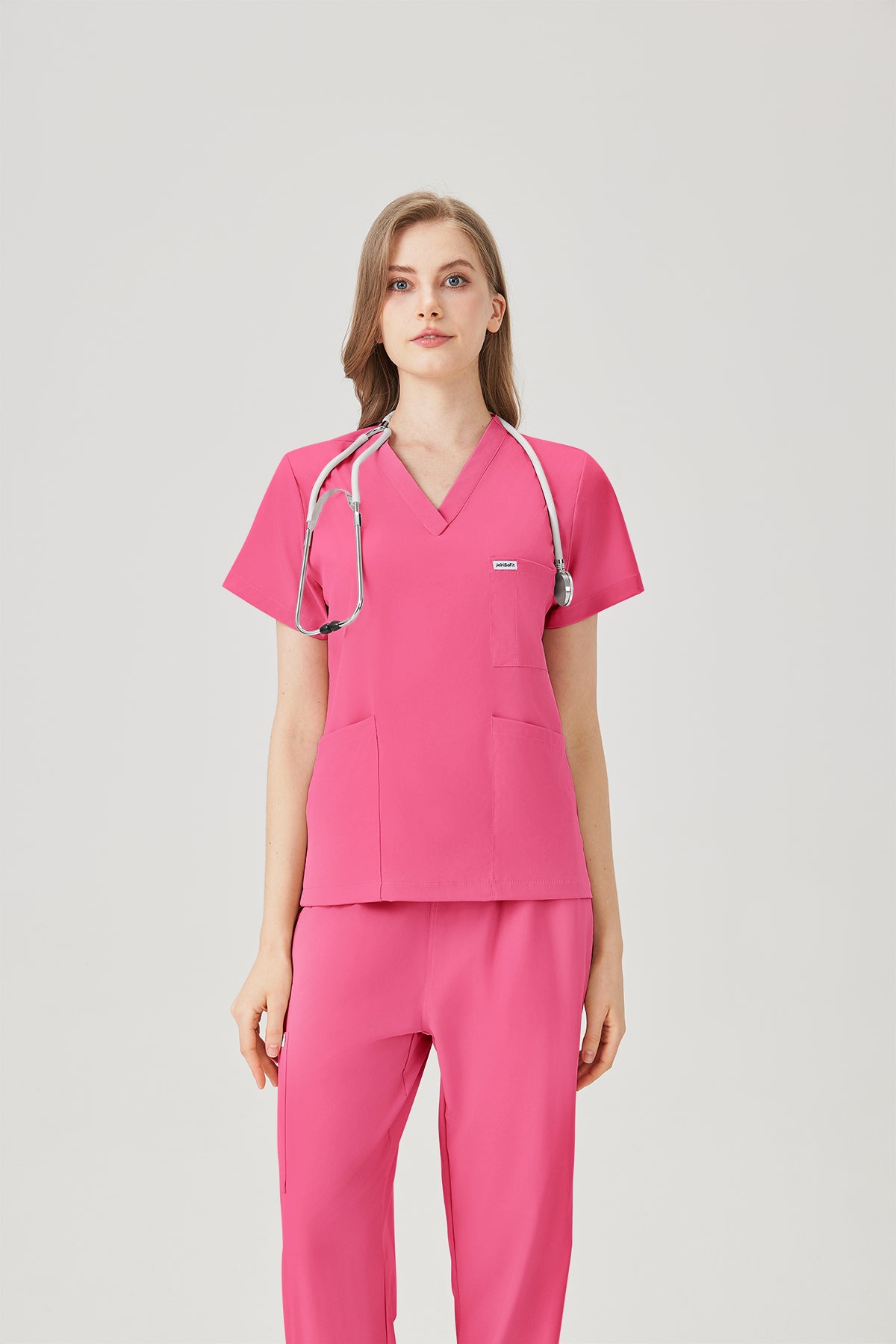 Bata quirúrgica fucsia para mujer JelriSoFit®, vista frontal