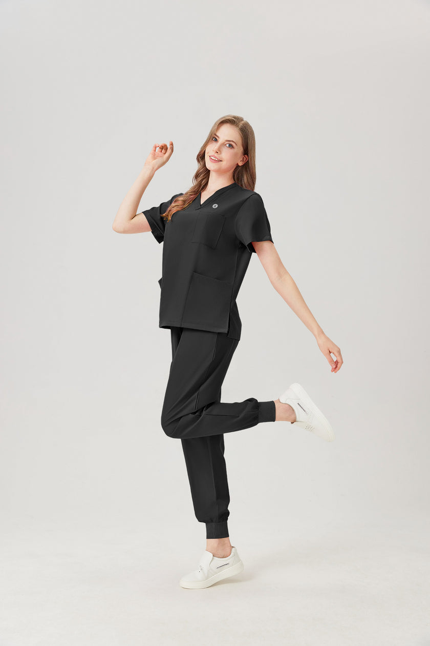 Bata quirúrgica negra JelriSoFit® para mujer, vista lateral