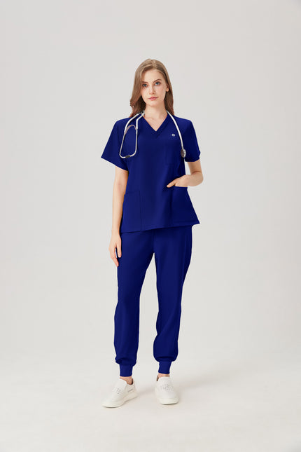Uniforme médico femenino azul real, modelo con efecto de exhibición