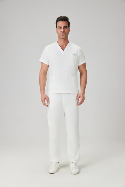 JelriSoFit Classic Medical Uniforms - Men's White, Straight Leg Trouser Set