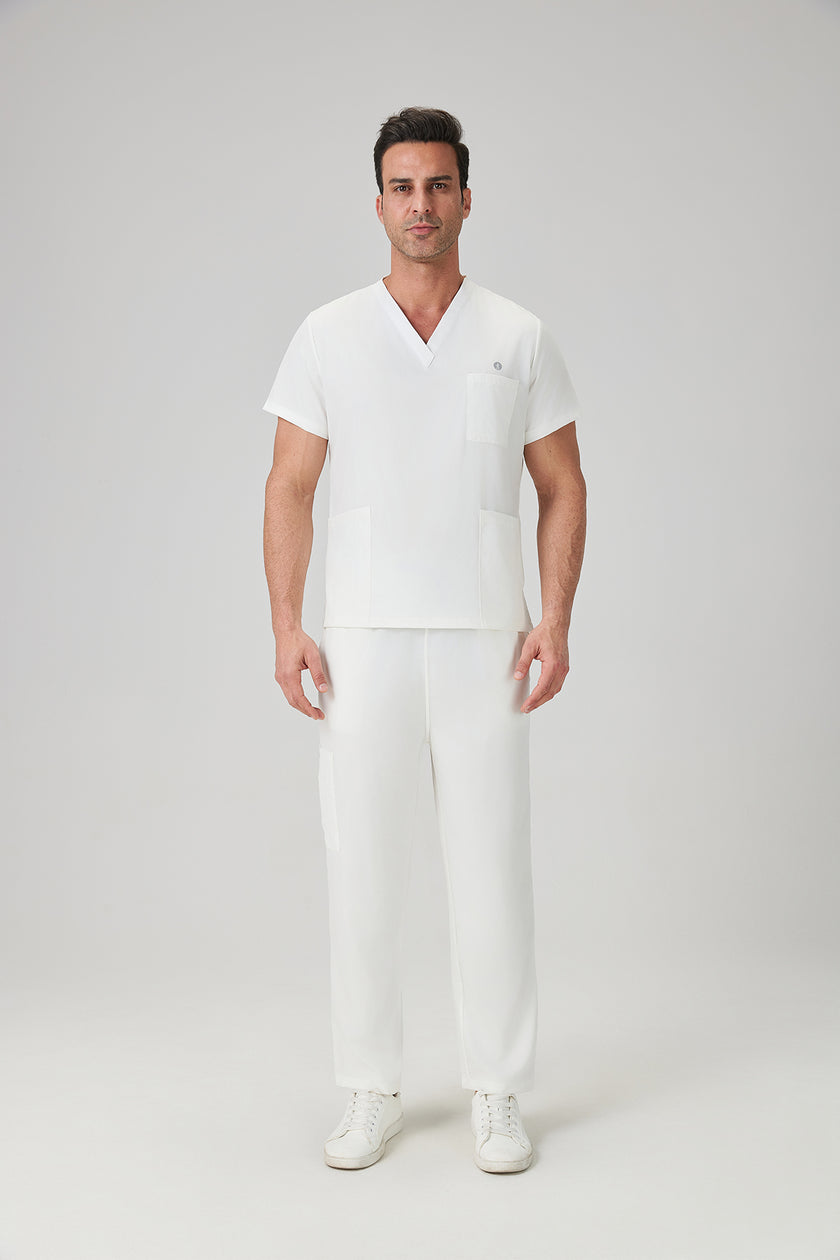 JelriSoFit Classic Medical Uniforms - Men's White, Straight Leg Trouser Set