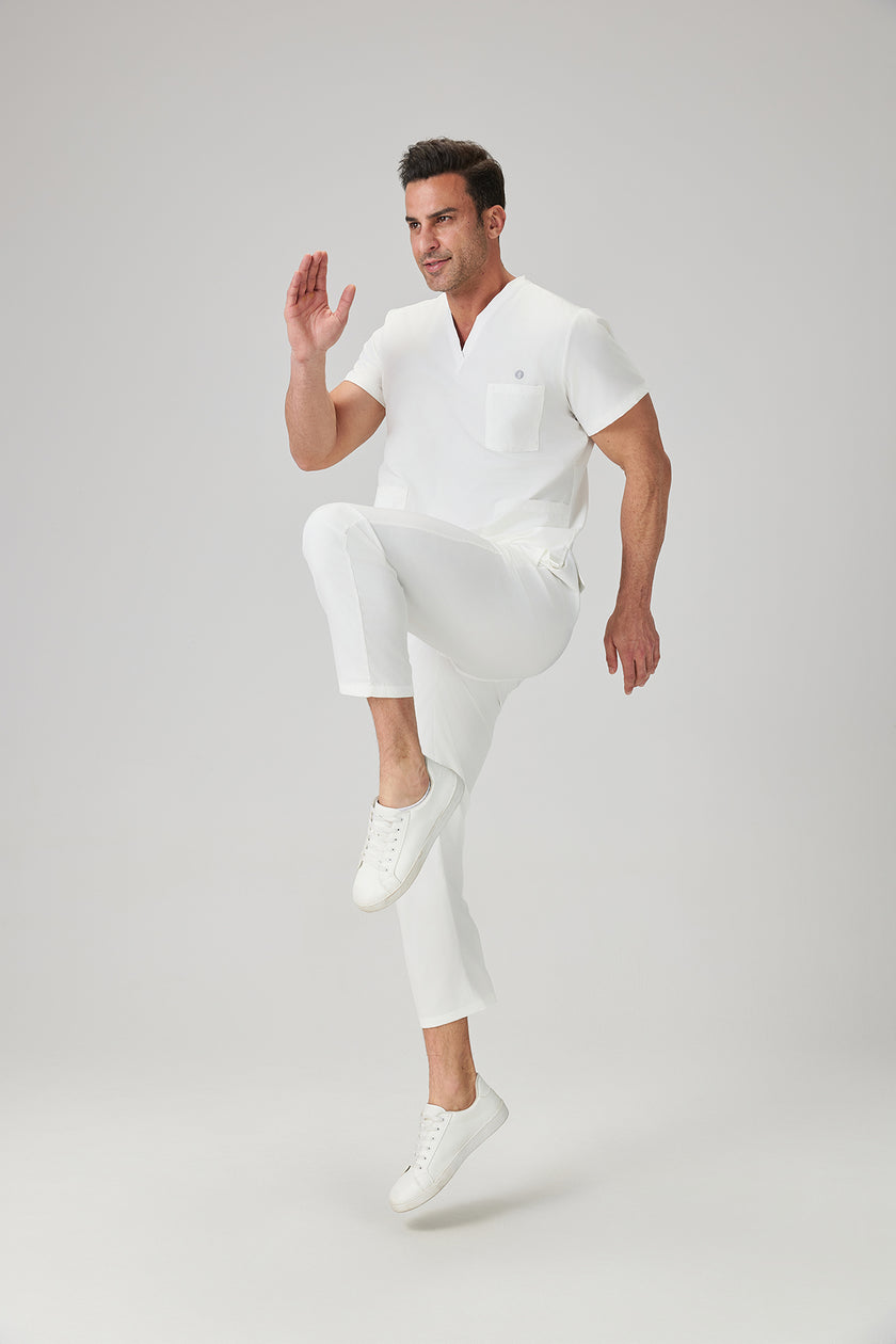 JelriSoFit Classic Medical Uniforms - Men's White, Straight Leg Trouser Set