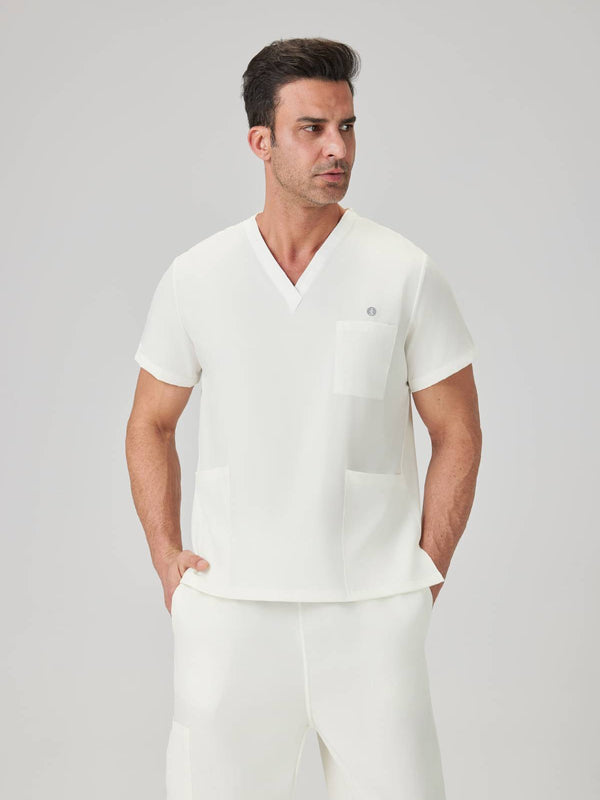 Bata quirúrgica para hombre JelriSoFit® - Crema, modelo mostrado vista frontal
