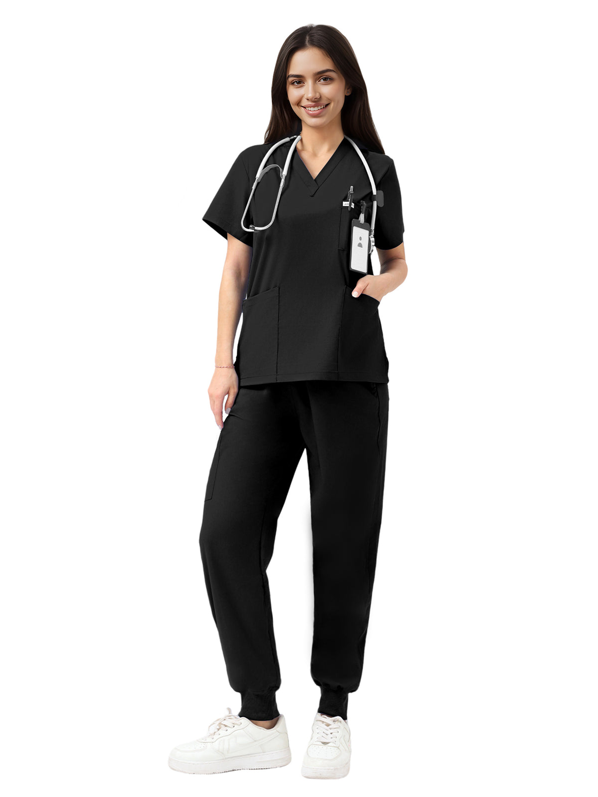 Profesional de salud con uniforme negro JelriSoFit
