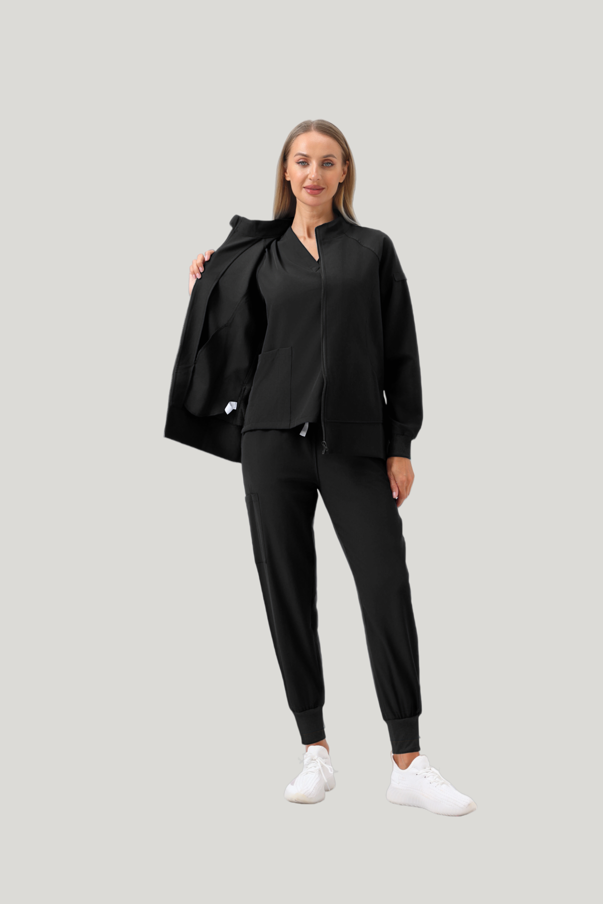 Uniforme médico quirúrgico 3 piezas negro para mujer-Chaqueta con cremallera