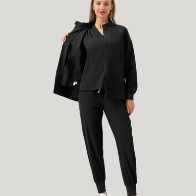 Uniforme médico quirúrgico 3 piezas negro para mujer-Chaqueta con cremallera