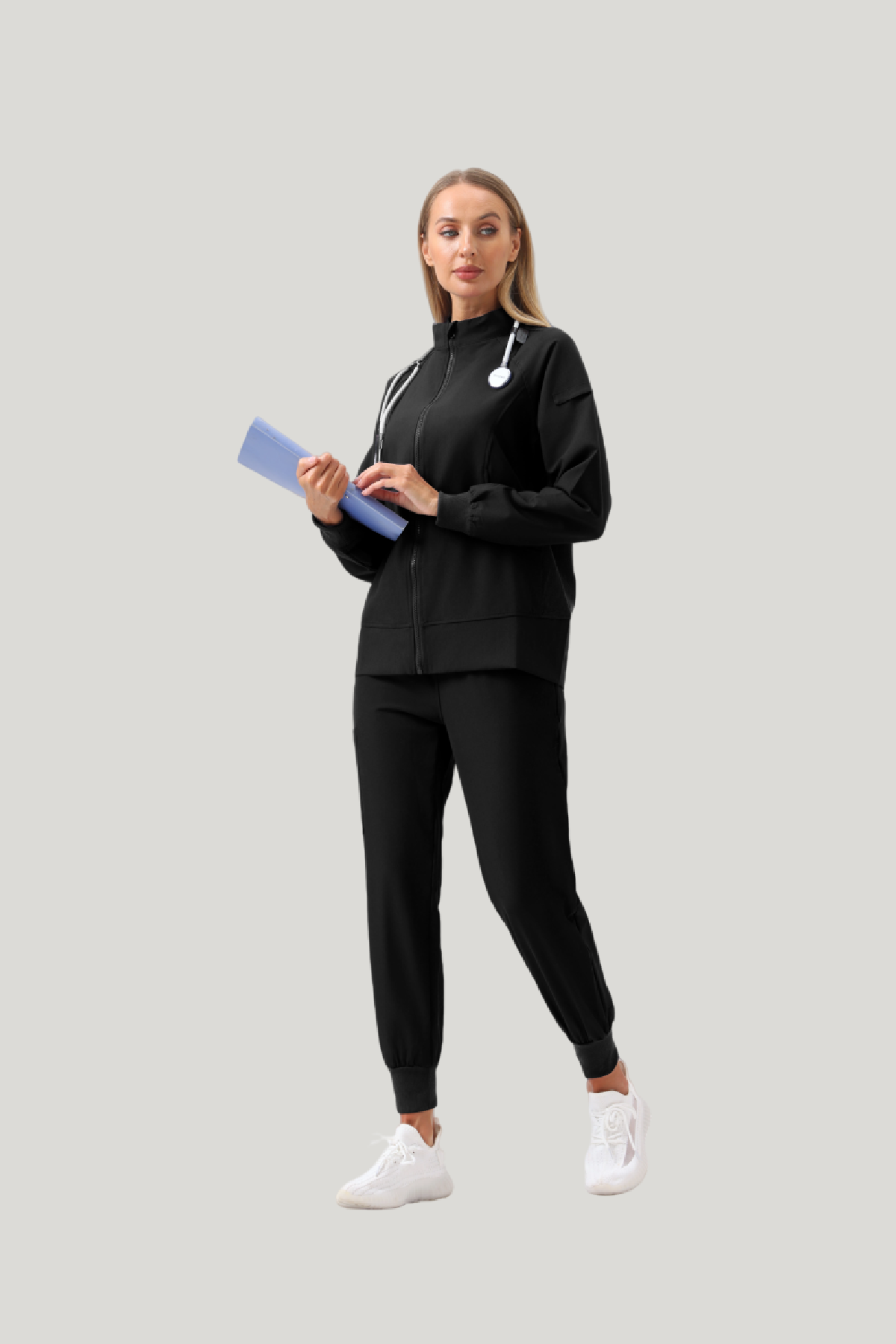 Uniforme médico quirúrgico 3 piezas negro para mujer-Vista frontal