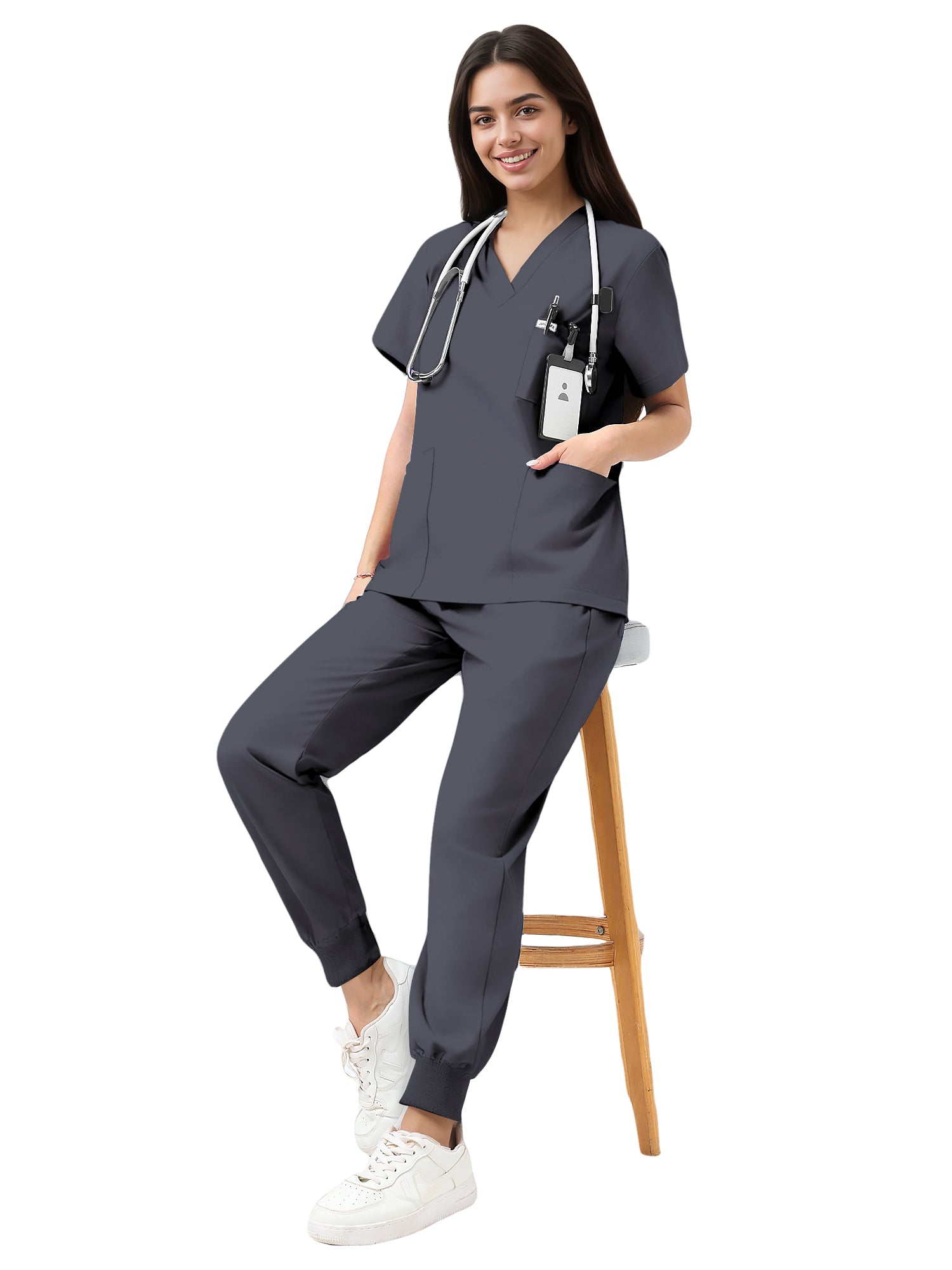 JelriSoFit Classic Medical Uniforms – Women’s Dark Grey, Big Functional Pockets
