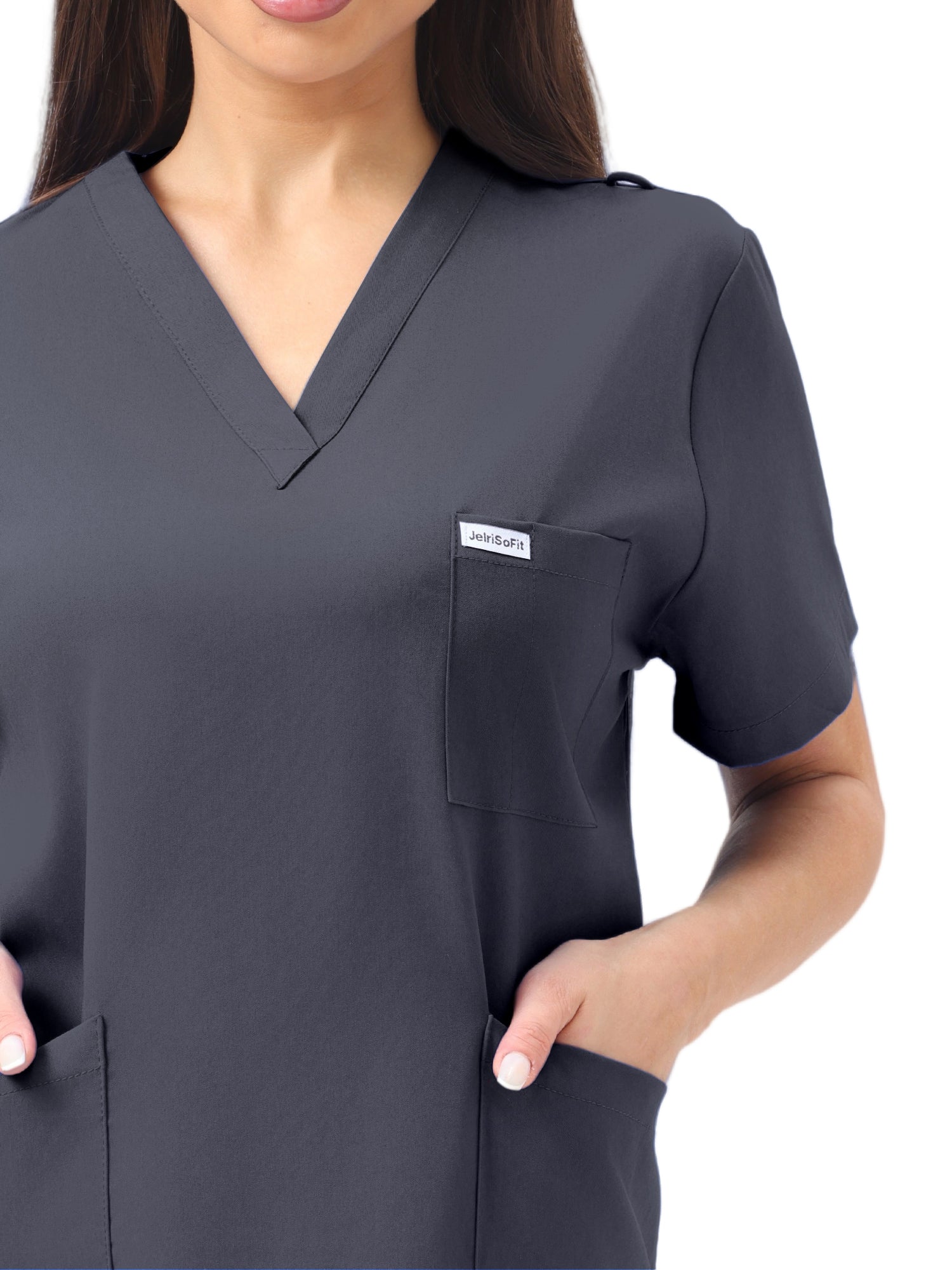 JelriSoFit Classic Medical Uniforms – Women’s Dark Grey, Big Functional Pockets