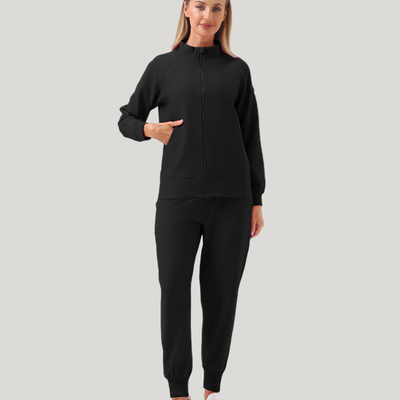 Uniforme médico quirúrgico 3 piezas negro para mujer-El abrigo tiene dos bolsillos