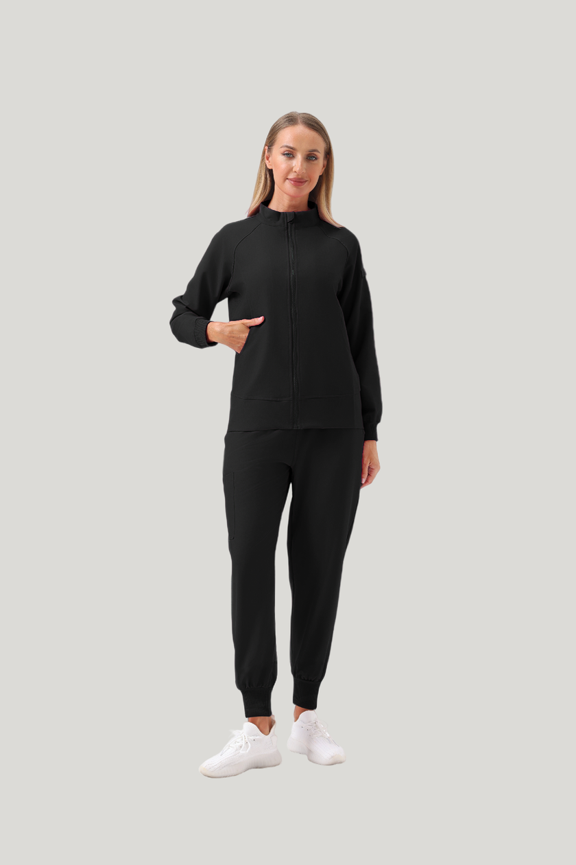 Uniforme médico quirúrgico 3 piezas negro para mujer-El abrigo tiene dos bolsillos