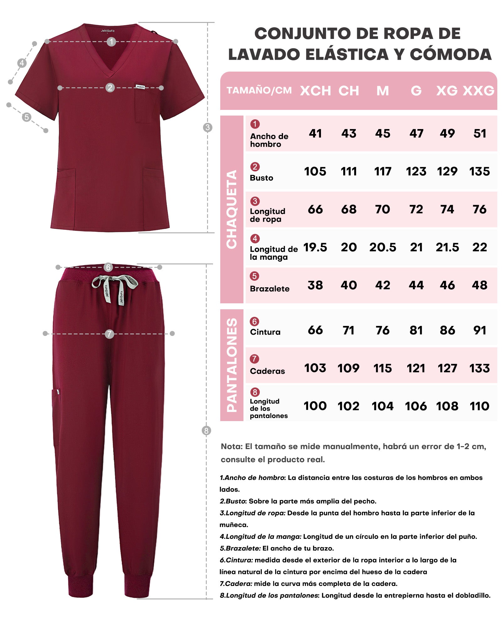 JelriSoFit Free Uniformes de Trabajo – Mujer Vino, Antiarrrugas