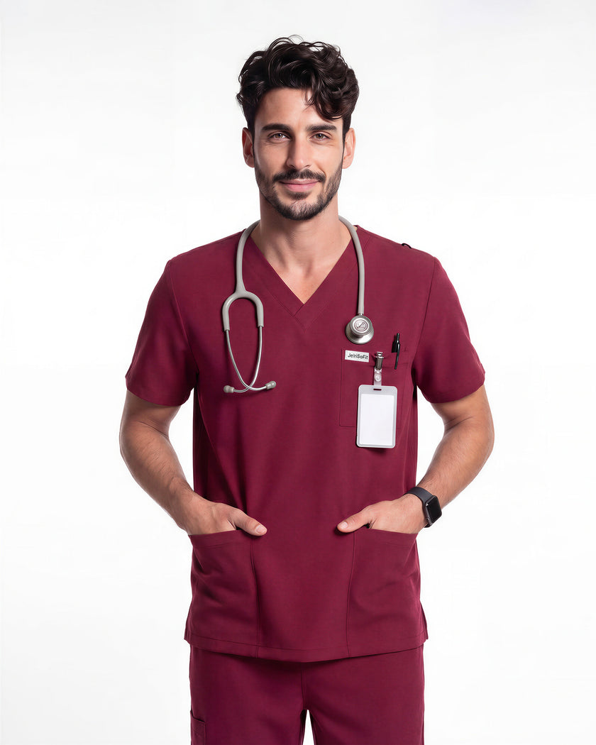JelriSoFit Free Uniformes Quirúrgicos – Hombres Vino, Bolsillos amplios