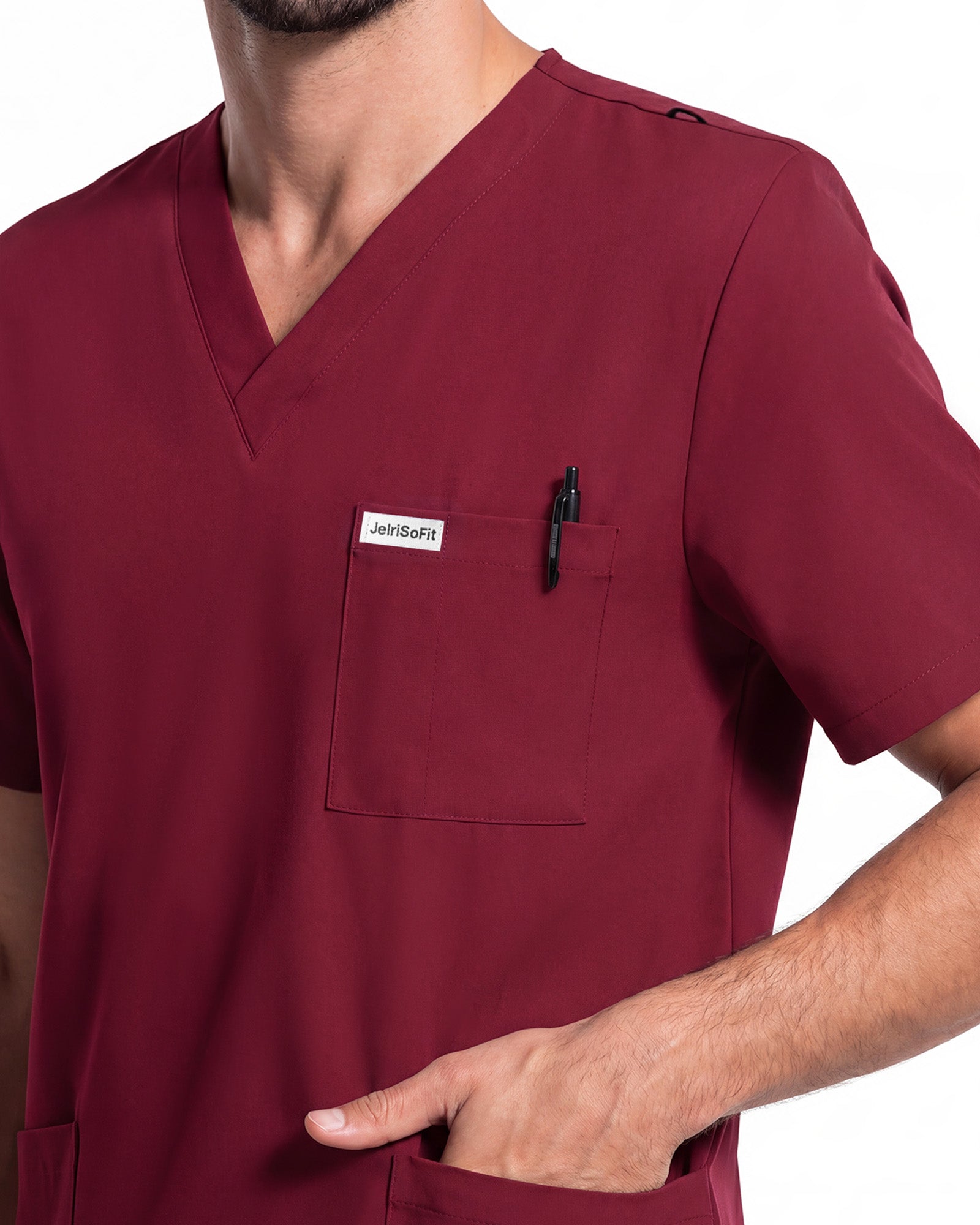 JelriSoFit Free Uniformes Quirúrgicos – Hombres Vino, Bolsillos amplios