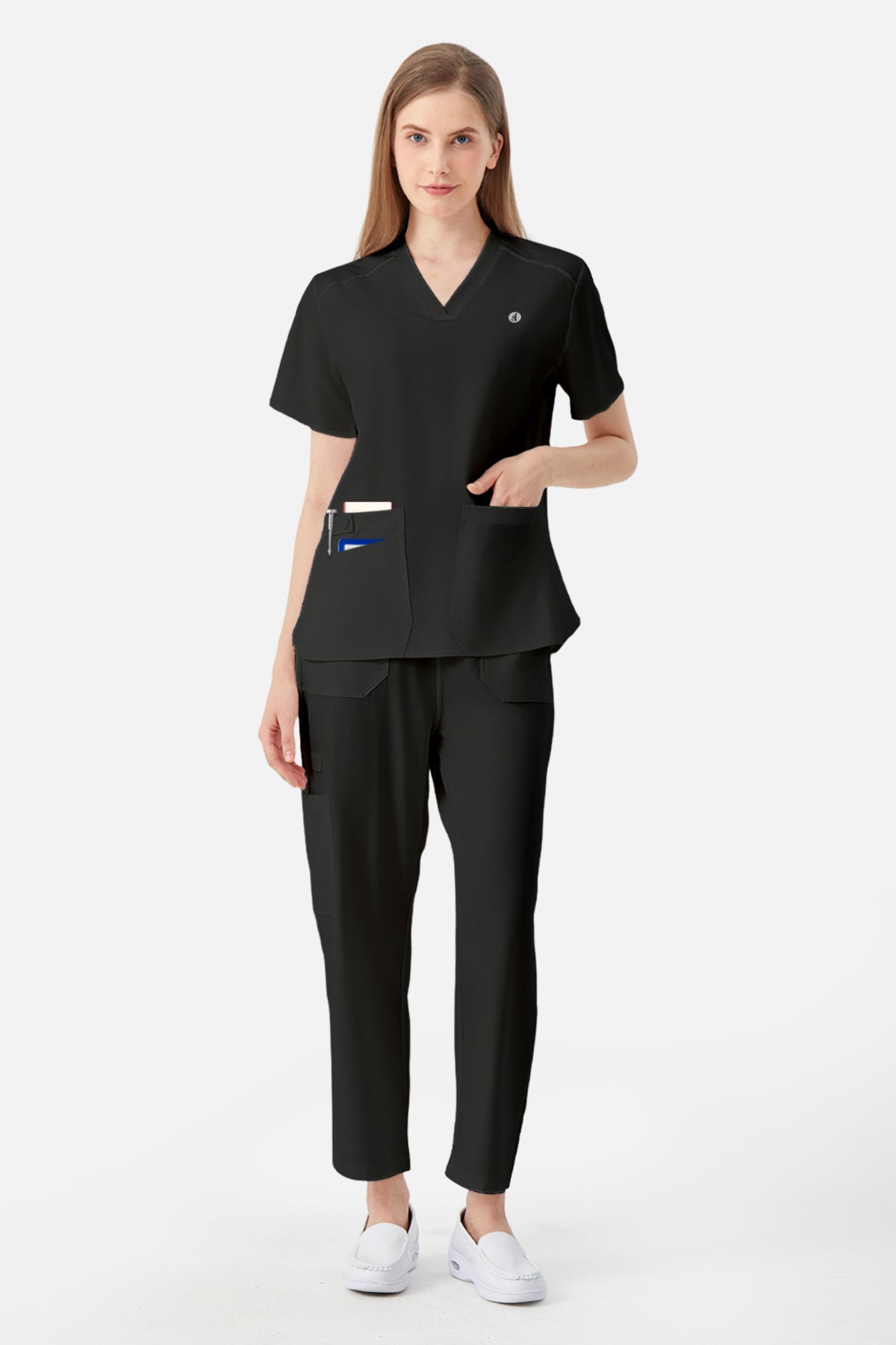 Uniforme médico negro de mujer, exhibición de efectos simples#color_Negro