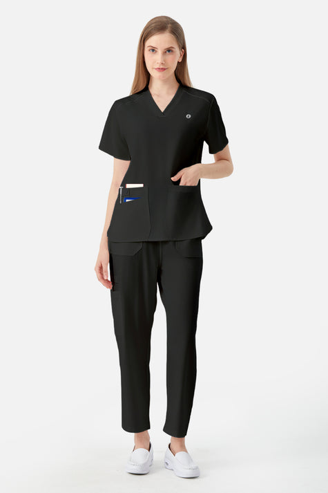 Uniforme médico negro de mujer, exhibición de efectos simples