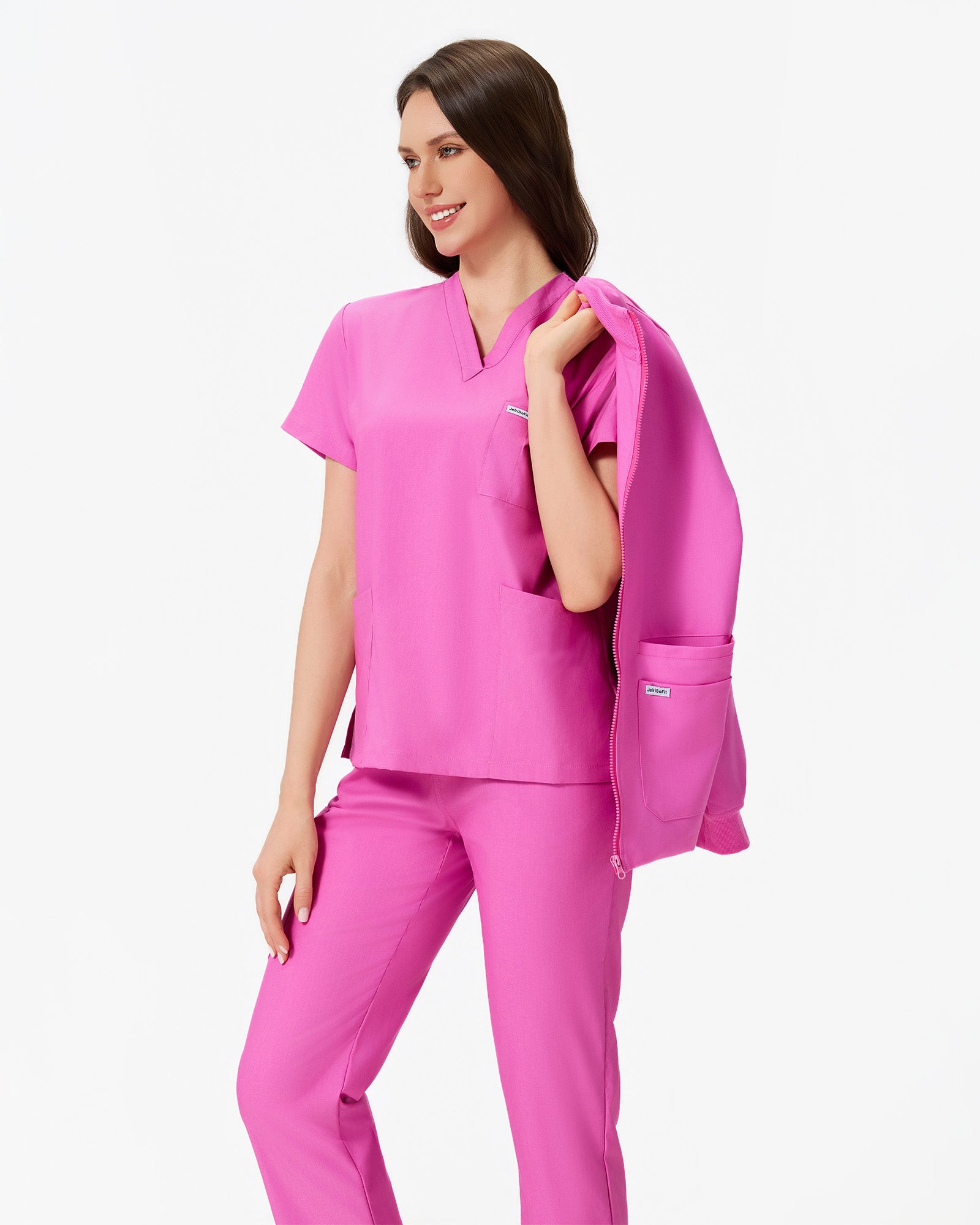 Top de cuello V rosa baya con bolsillos frontales