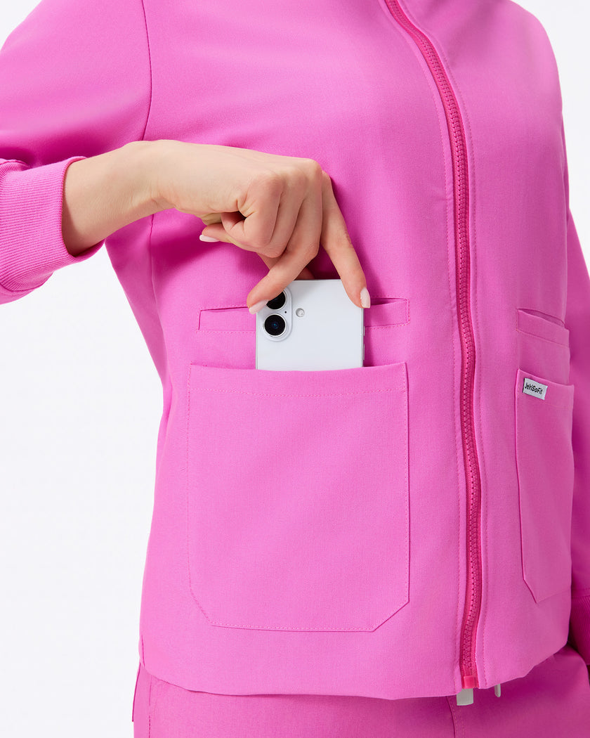 Bolsillo delantero de chaqueta rosa baya para teléfono