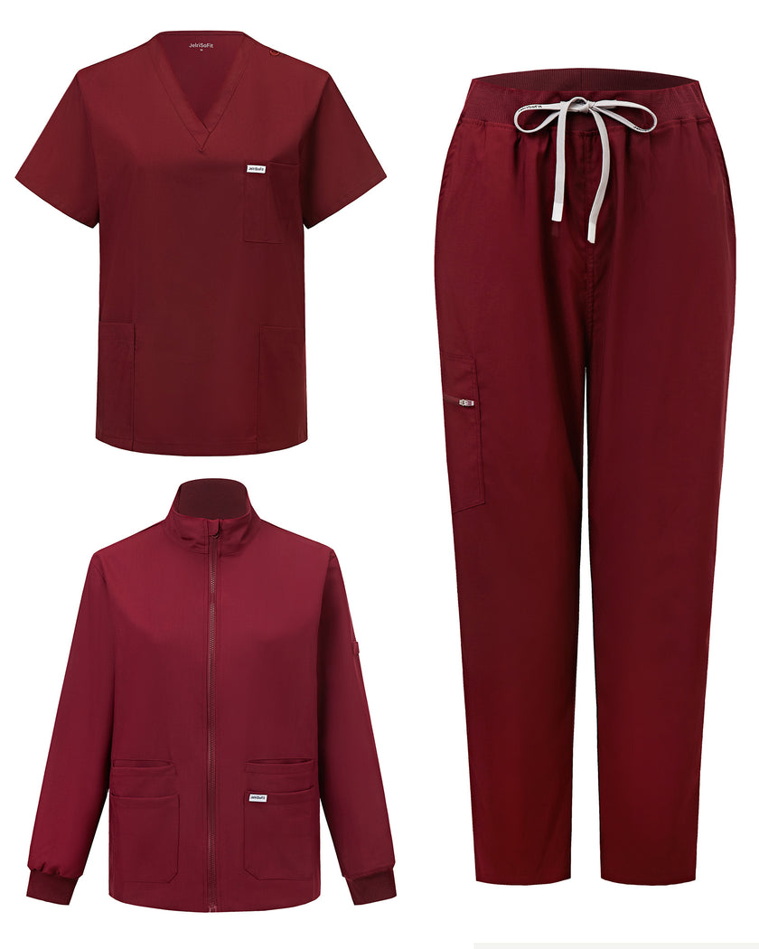 Desglose 3 piezas uniforme – chaqueta, top y pantalón vino