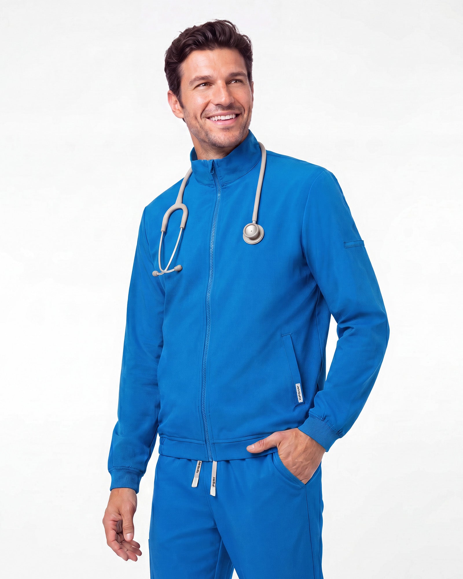 JelriSoFit set quirúrgico de 3 piezas para hombre Azul Prusia, modelo con chaqueta
