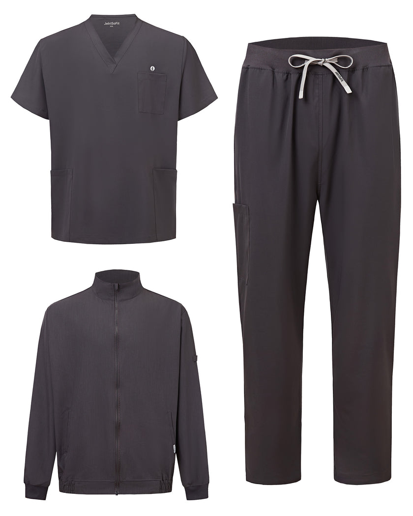 JelriSoFit set quirúrgico de 3 piezas para hombre Gris Carbón, conjunto completo en vista plana