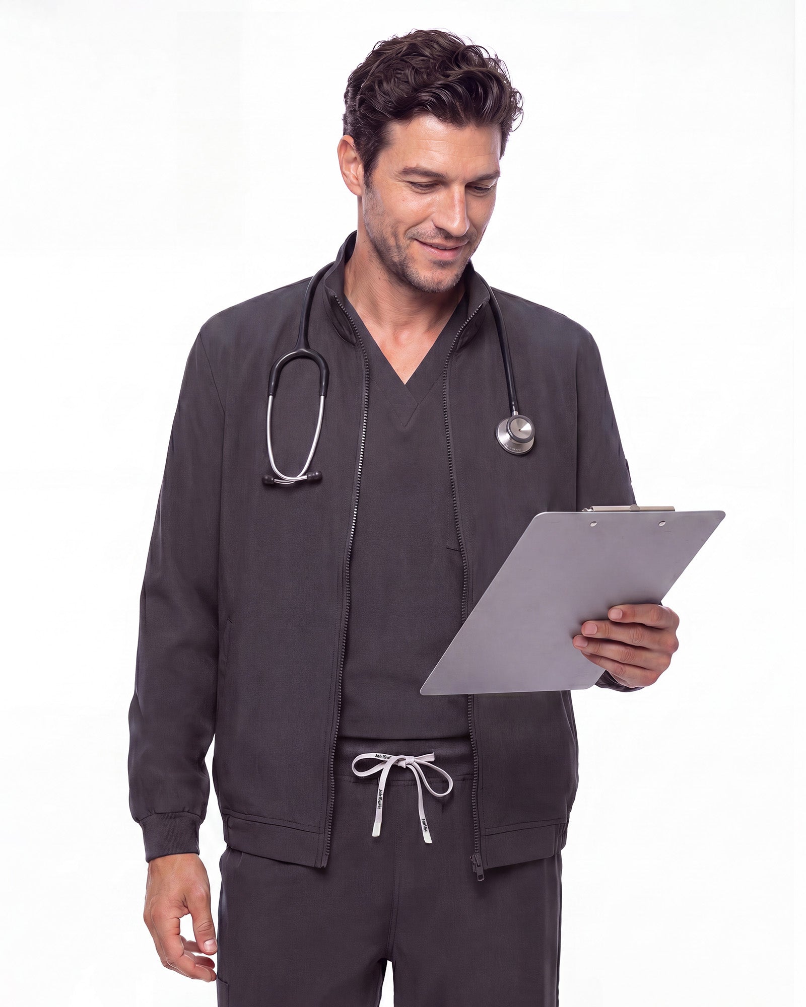 JelriSoFit set quirúrgico de 3 piezas para hombre Gris Carbón, modelo con tableta