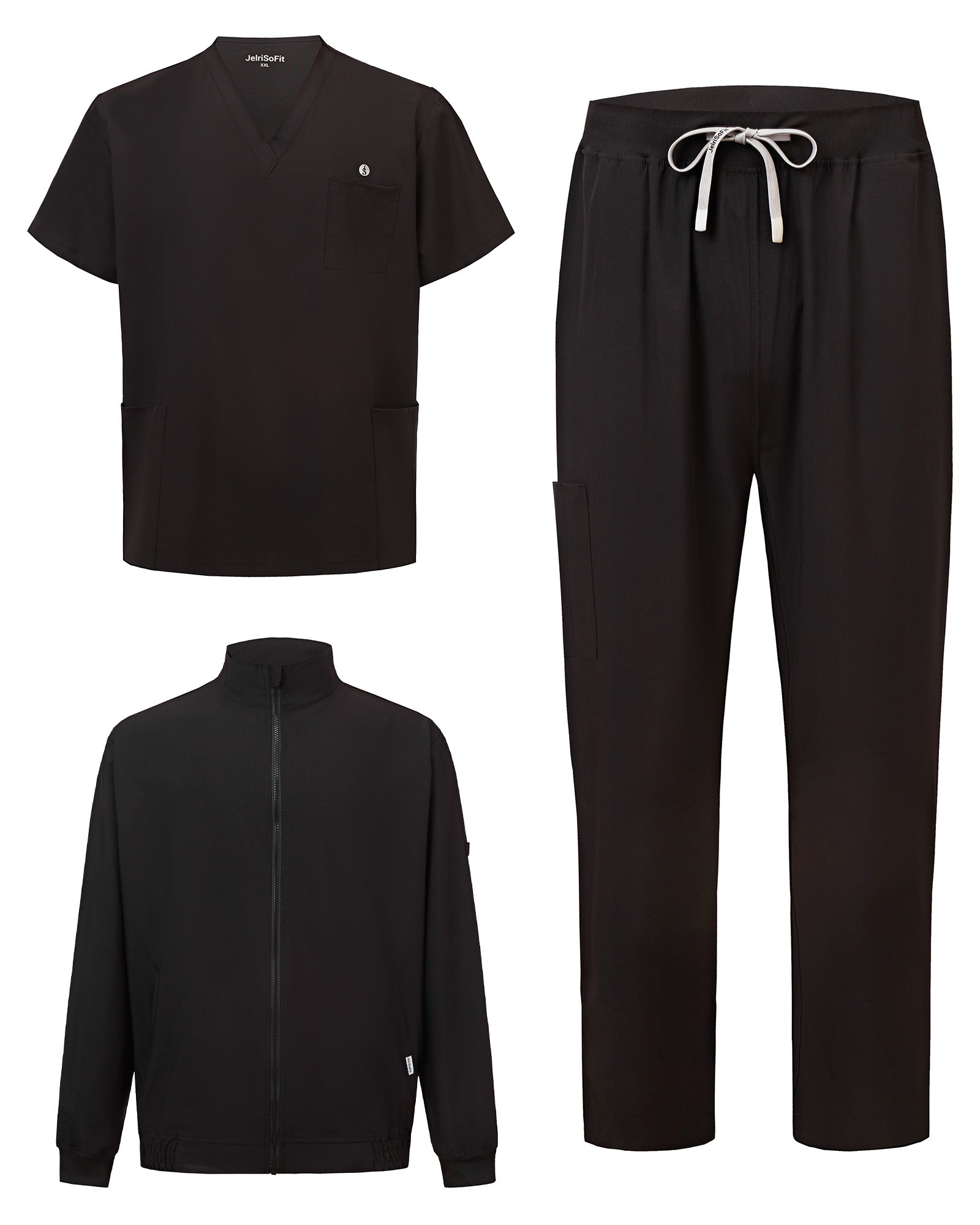JelriSoFit set quirúrgico de 3 piezas para hombre Negro, conjunto completo en vista plana