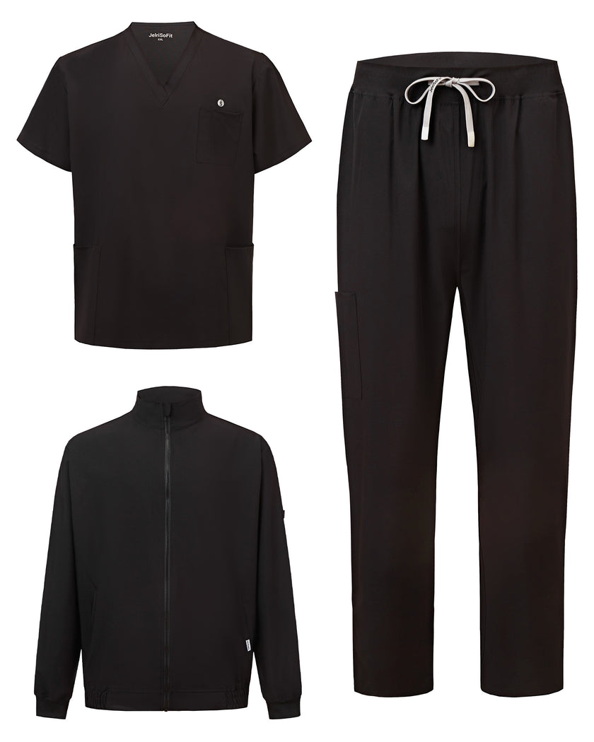 JelriSoFit set quirúrgico de 3 piezas para hombre Negro, conjunto completo en vista plana