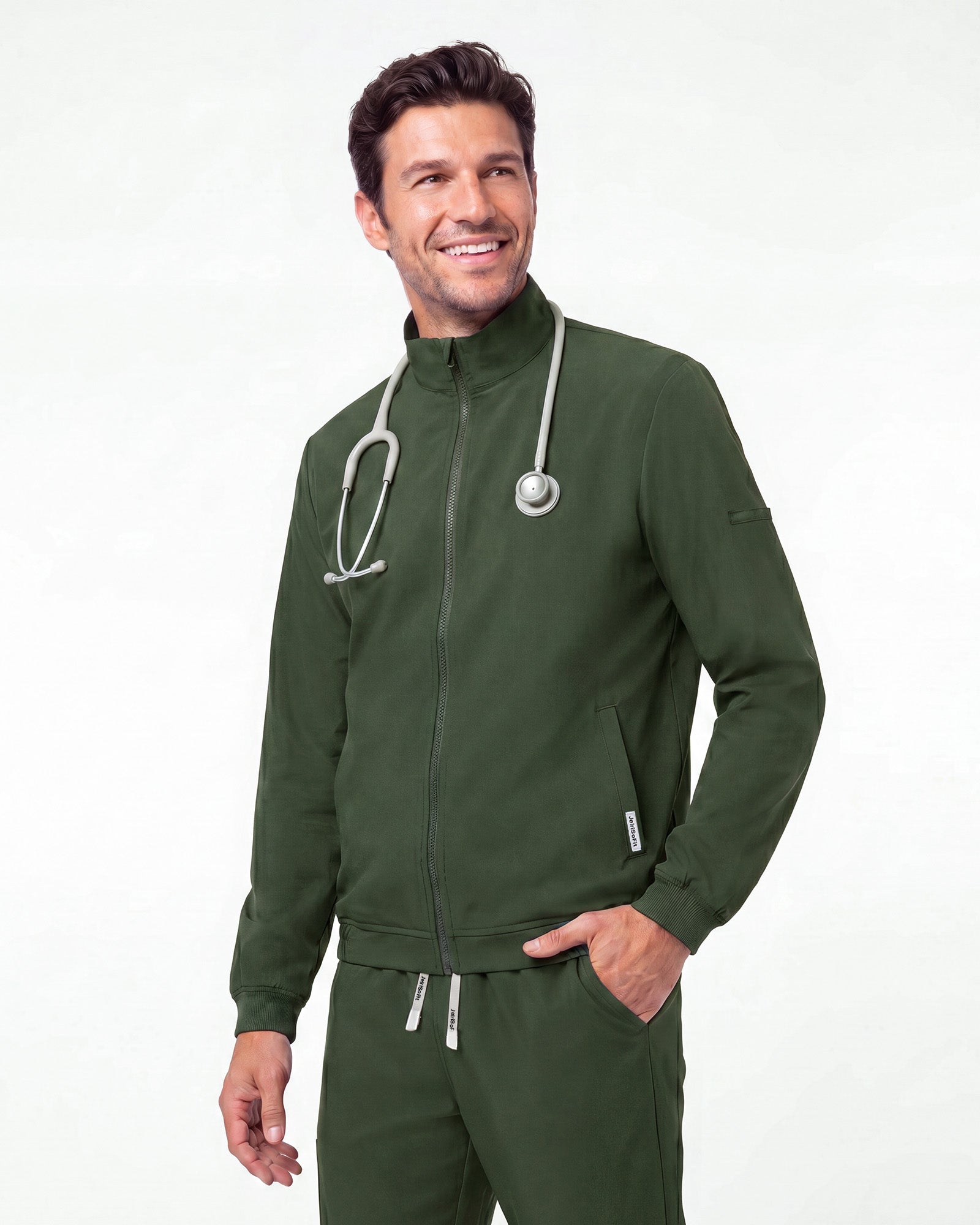 JelriSoFit set quirúrgico de 3 piezas para hombre Verde Musgo, modelo con chaqueta