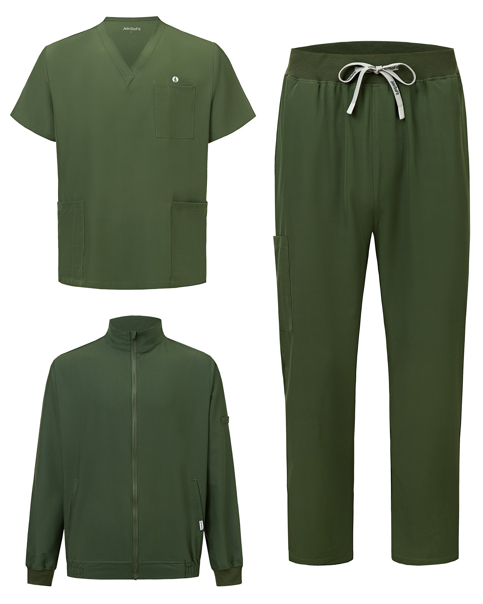 JelriSoFit set quirúrgico de 3 piezas para hombre Verde Musgo, conjunto completo en vista plana