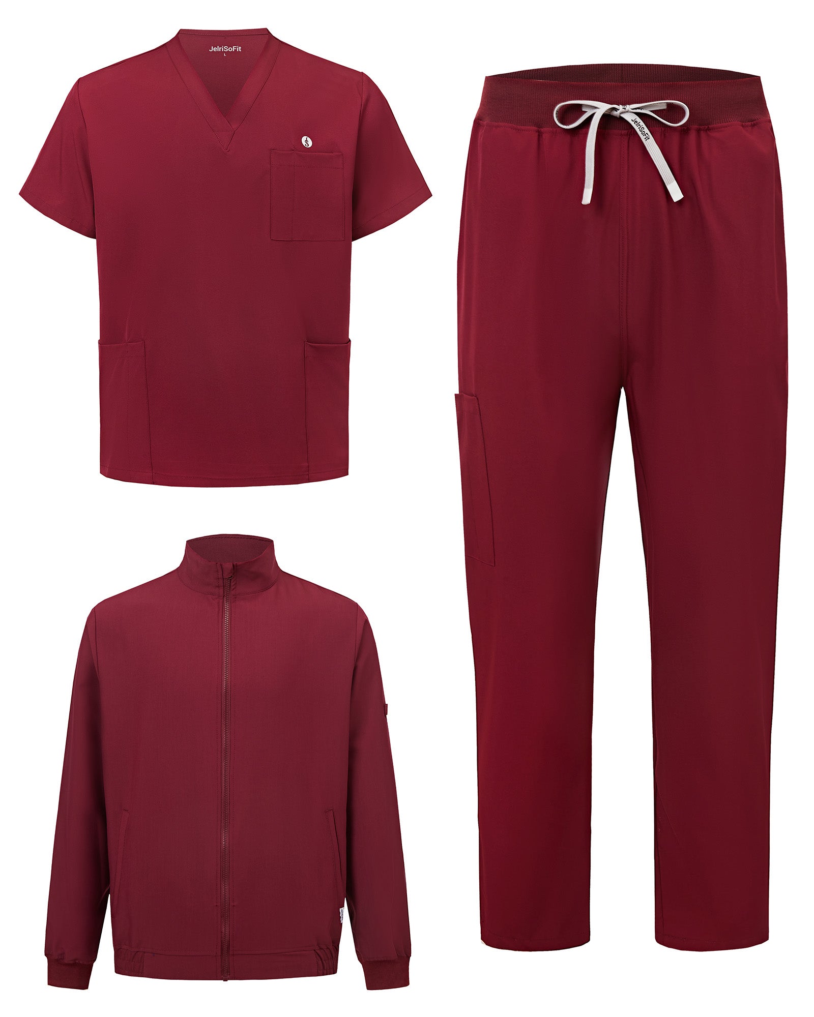 JelriSoFit set quirúrgico de 3 piezas para hombre Vino, conjunto completo en vista plana